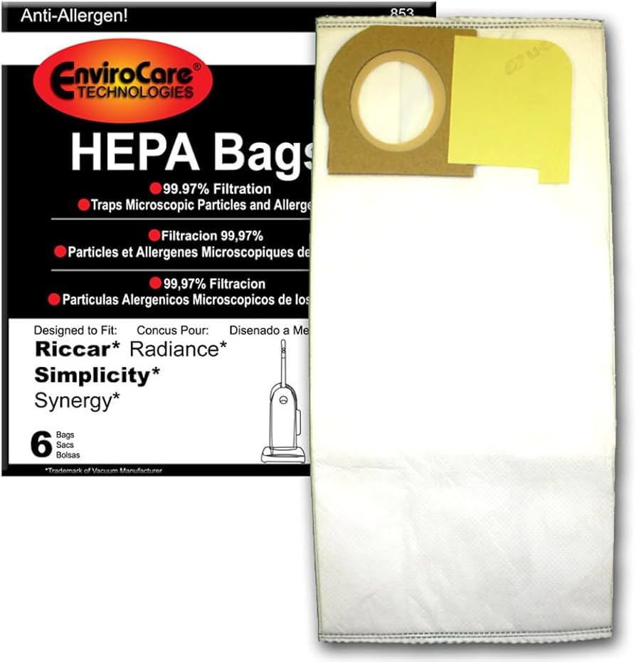 6 Simplicity / Riccar Vacuum Part 853 Upright / Paper Bags Riccar, X, Radiance, Synergy (6PK), Filtrete, Repl by EnviroCare