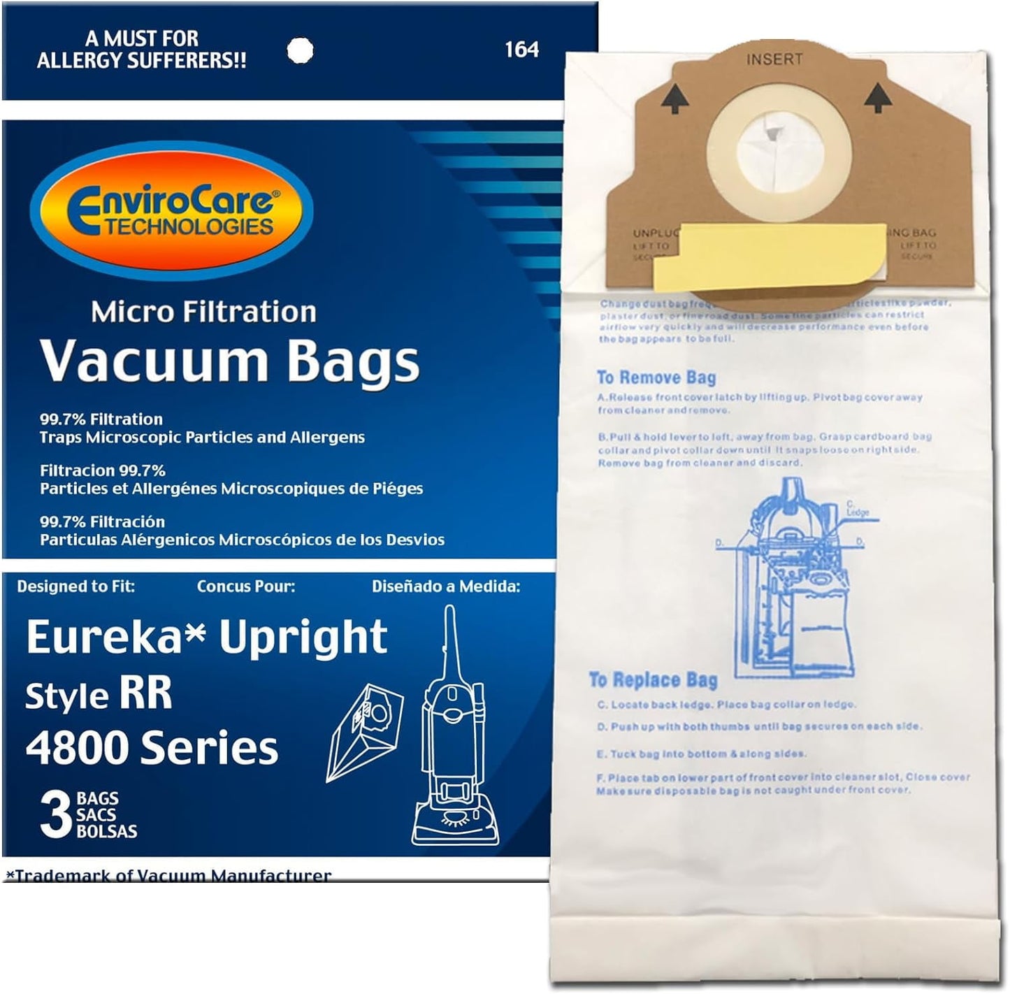 3 Eureka, Sanitaire Vacuum Part 164 Upright Micro Allergen Filtration / Paper Bags, Rr, 3PK, Micro, Repl by EnviroCare