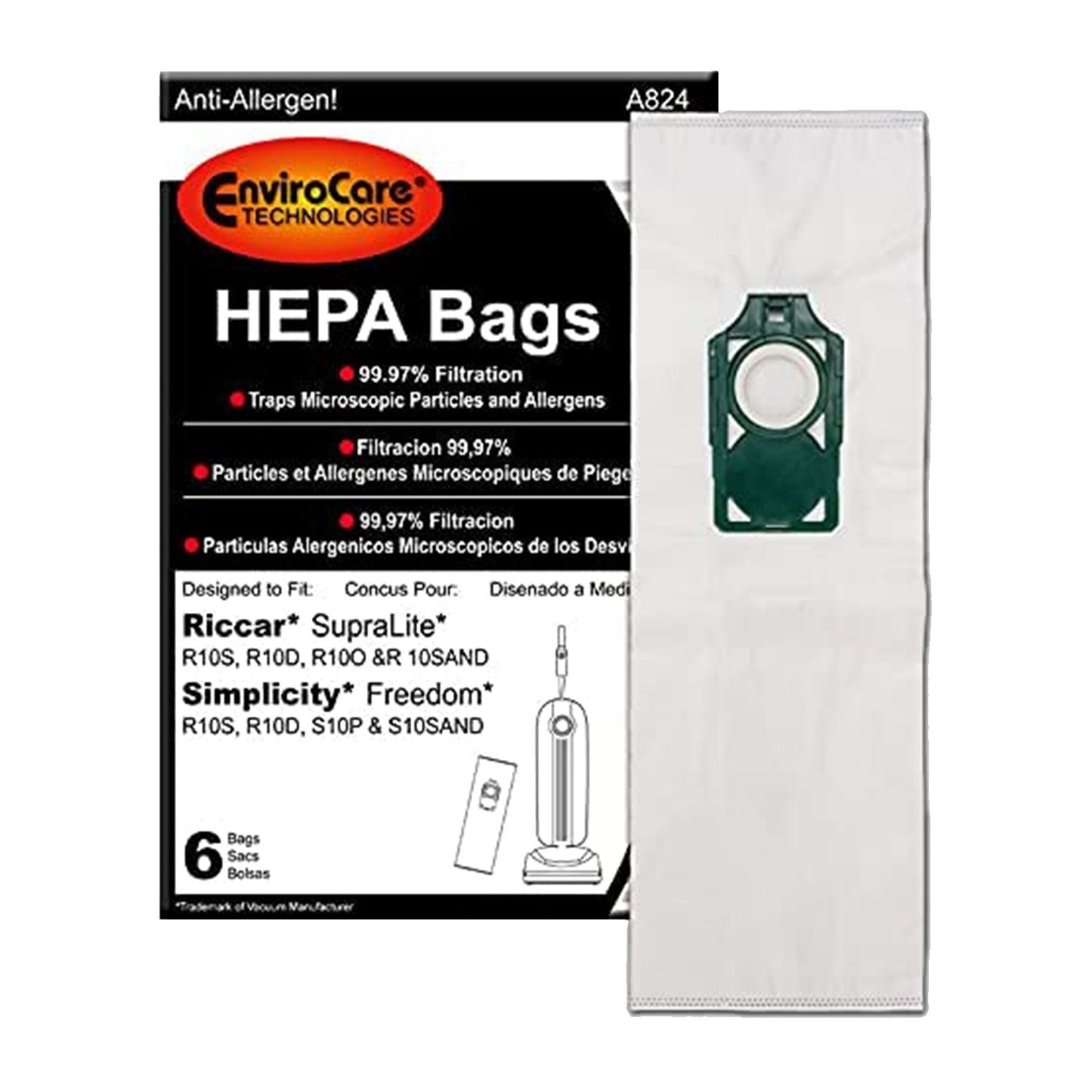6 Simplicity / Riccar Vacuum Part A824 / Paper Bags Riccar Supralite, Simplicty, 6PK, Allergengreen Plastic Collar, L Bags