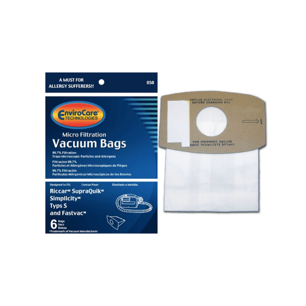 6 Simplicity / Riccar Vacuum Part 858 Micro Allergen Filtration / Paper Bags Riccar, S, 6PK, Supra, Micro, Repriccar Rsq 1