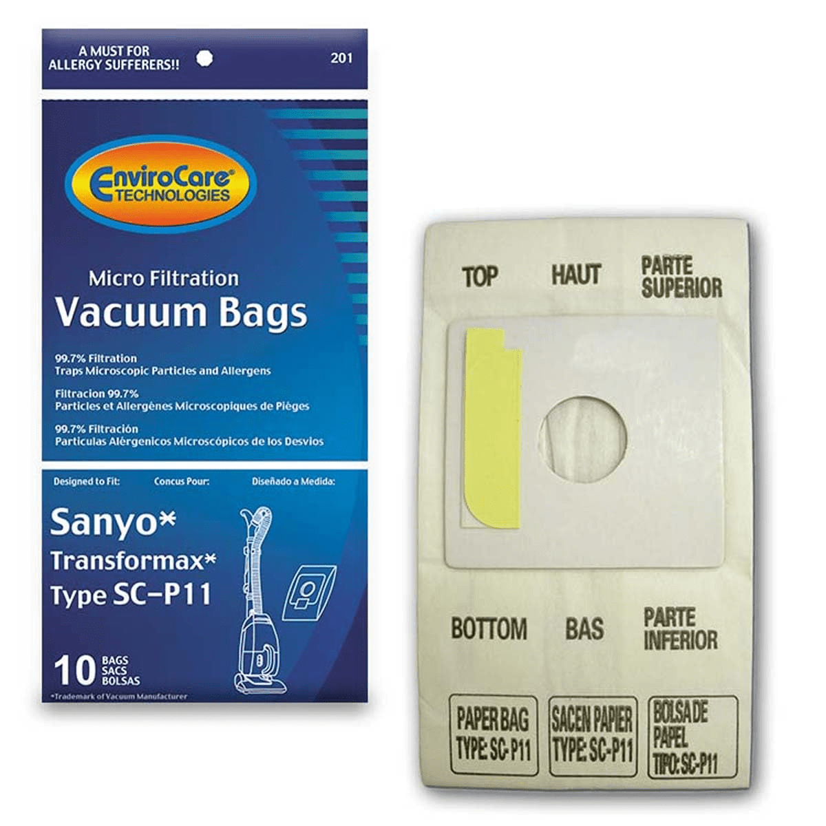 10 Sanyo Vacuum Part 201 Micro Allergen Filtration / Paper Bags, Transformax, 10PK, Micro, Broom, Repl