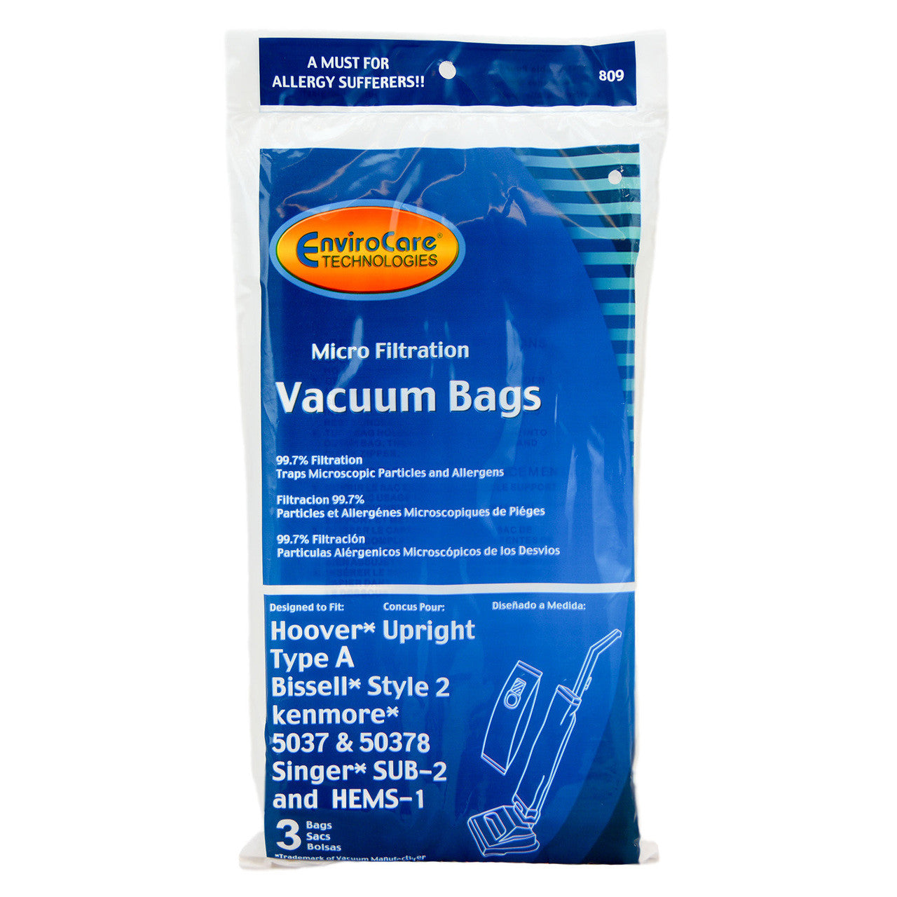 3 Hoover Vacuum Part 809 Upright Micro Allergen Filtration / Paper Bags, A, 3PK, Micro Filtration, Repl by EnviroCare