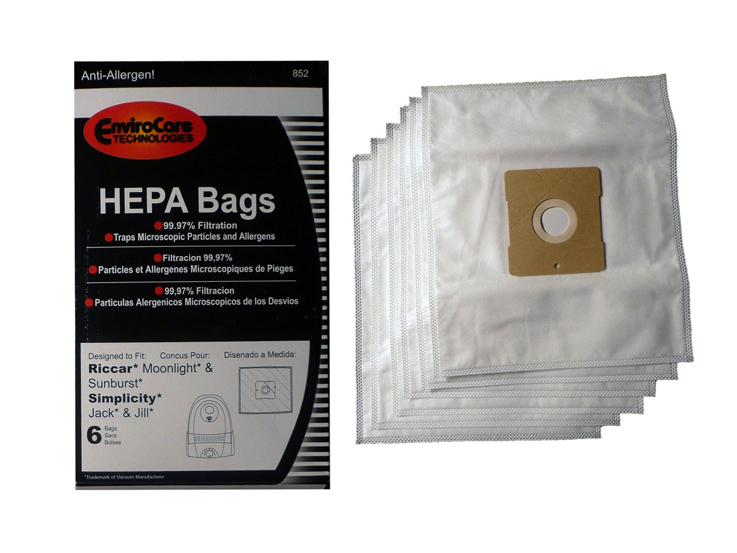 6 Simplicity / Riccar Vacuum Part 852 / Paper Bags Riccar, Z, Moonlight, Jack, Jill6pk, Pizzazz, Snap