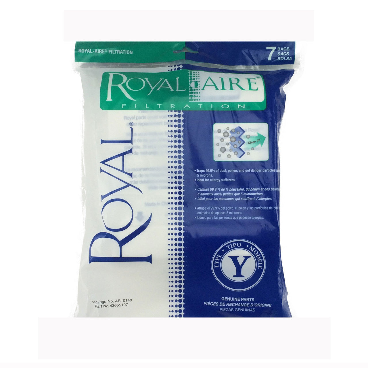 7 Royal Vacuum Part AR10140 Commercial / Paper Bags, Y, 7PK, CR50005, Uprightsame As Hoover Y Bags, Hoover