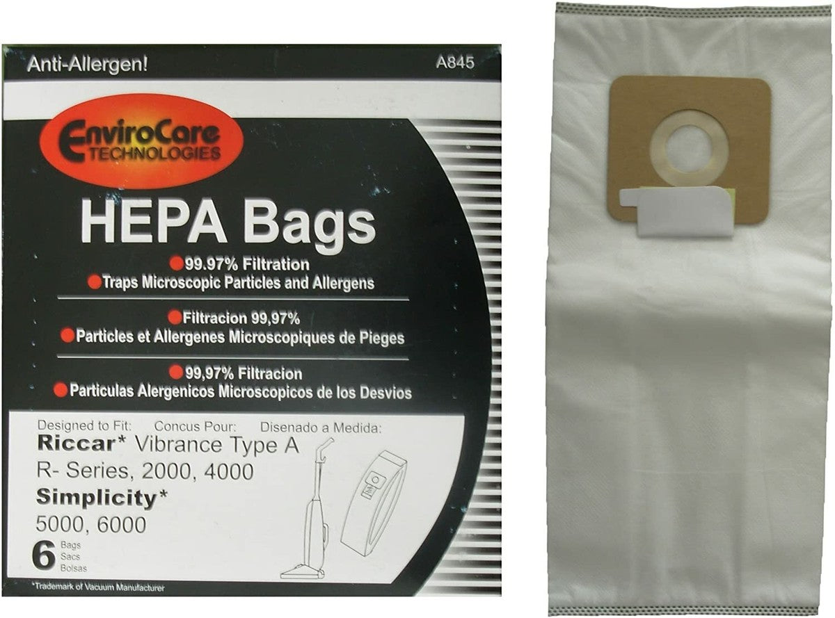 6 Simplicity / Riccar Vacuum Part A845 / Paper Bags Riccar, A, 6PK, Allergen, Upr.Fits 2000, 4000, 6000 Series
