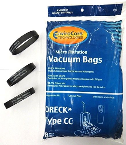 EnviroCare Replacement Micro Filtration Vacuum Cleaner Bags Made to fit Oreck Type CC, XL. Fits: XL7, XL21, 2000, 3000, 4000, 8000, 9000 Series and Hoover ONEPWR Upright Vacuums 8 Pack, 3 Belts