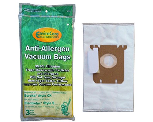3 Eureka & Electrolux Style Ox, Sanitaire Style S H10 Allergy Hepa Vacuum Bags, S-clinic, Sp200 El200 and El202, El 200b, El 202b, El 202c, El202cpk4, El202f, El203b, Classic S-bag Clinic, 6123of-6 Sp6950, Sp6952, Eureka Bb, Sanitaire Classic S