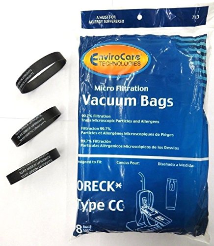 EnviroCare Replacement Micro Filtration Vacuum Cleaner Bags Made to fit Oreck Type CC, XL. Fits: XL7, XL21, 2000, 3000, 4000, 8000, 9000 Series and Hoover ONEPWR Upright Vacuums 8 Pack, 3 Belts