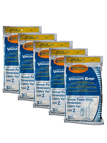 15 Hoover Allergy Vacuum Type Z Bags, Power Drive, Auto Drive, Constellation, Dimension, Dirt Finder, Futura, Caddy Vac, TurboPower, PowerMax, Breathe Easy Vacuum Cleaners, 43655104, 4010075Z, 43655105, 4010100Z, 3500, 3700, 4500, 6000, and 7000 series