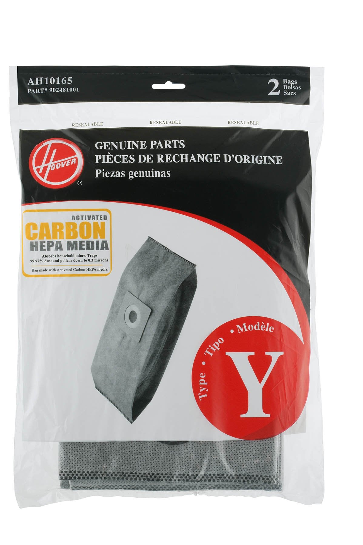 Hoover Type Y Pleated Carbon HEPA Bag Replacement for Upright Vacuum Cleaner, 2 Pack, AH10165, Gray, 2 Count