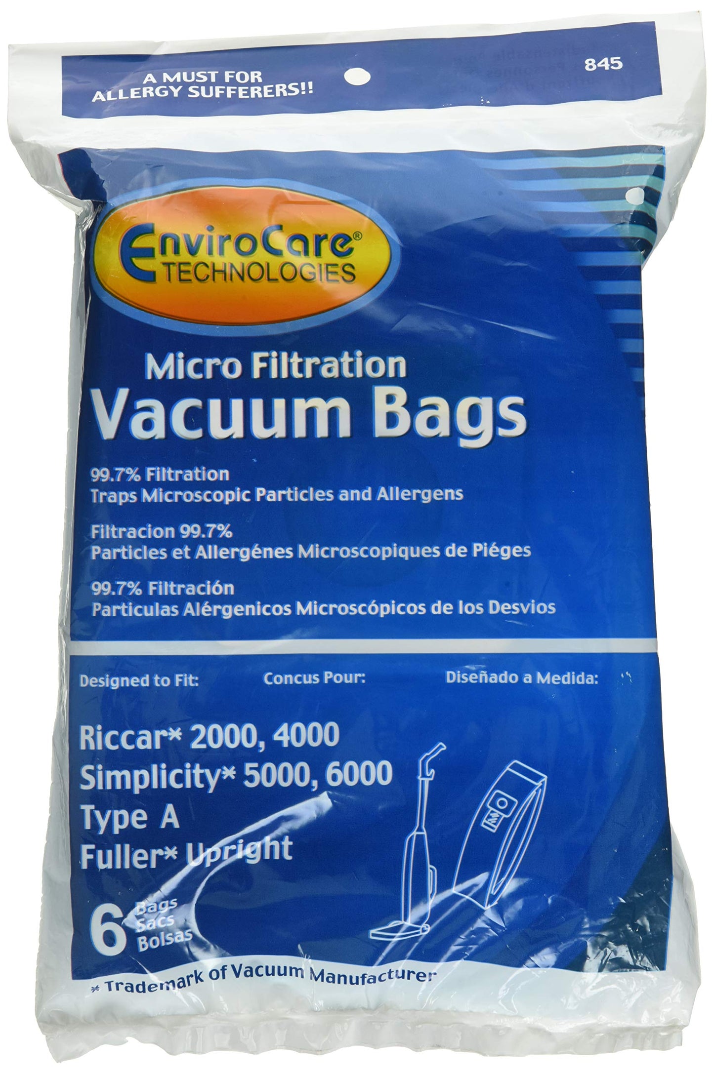 Riccar 2000, 4000 and Simplicity 5000, 6000 Type A Vacuum Bags Microfiltration with Closure - 6 Pack