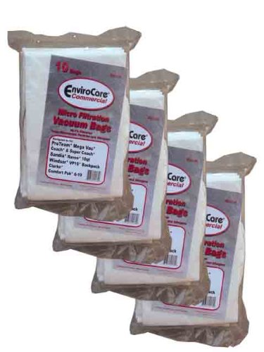 40 Commercial Backpack Vacuum Cleaner Bags 10 Quart, Clarke, Coach, Sandia, Windsor, Proteam, Raven, Perfect, EDIC, Windsor # 86198850 and 68005, Clarke 147109750, Proteam 100331, 450243, Sandia # 10-0006, Oreck OR1001,