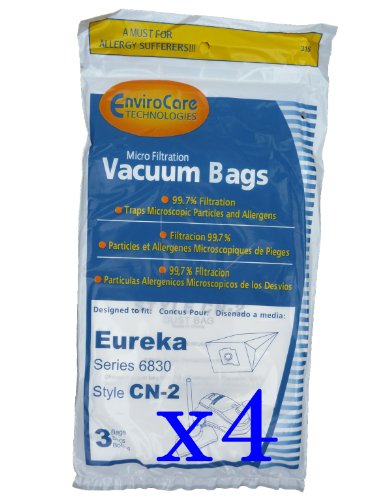 12 Eureka CN-2, CN2 Vacuum Bags by Envircare Series 6830, Power Team, Canister, General Electric Vacuum Cleaners, 61990A, 61990, 6830, 6831, 6833, GE6830, GE 6830