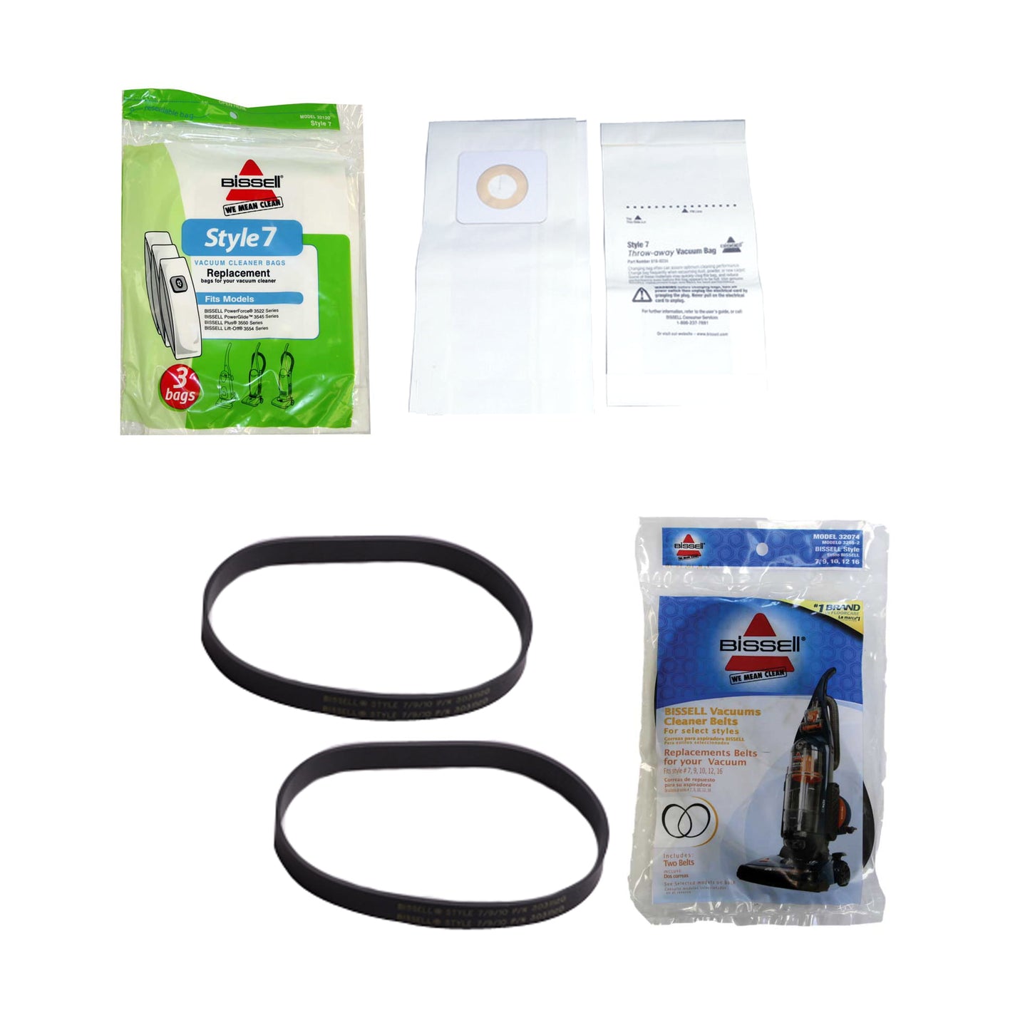 Bissell 32120 & 32074 Vacuum Cleaner 3pk Bags With 2pk Belts Fits For 9V03, 71Y7R, 71Y7V, 71Y7W, 71Y7, 3530, 3545, 71Y71, 71Y72, 71Y73