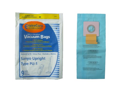 9 Sanyo Upright Pu-1 with Closure Vacuum Bags, Panasonic, Kenmore, LG slimax Vacuum Cleaners, SC54A, SCA4, SCA41, SCA42, SCA4A, VU5545-65