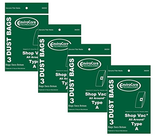 EnviroCare Replacement Vacuum Cleaner Dust Bags designed to fit Shop Vac Type A 1.5 Gallon All Around Wet Dry Vacuums 12 bags