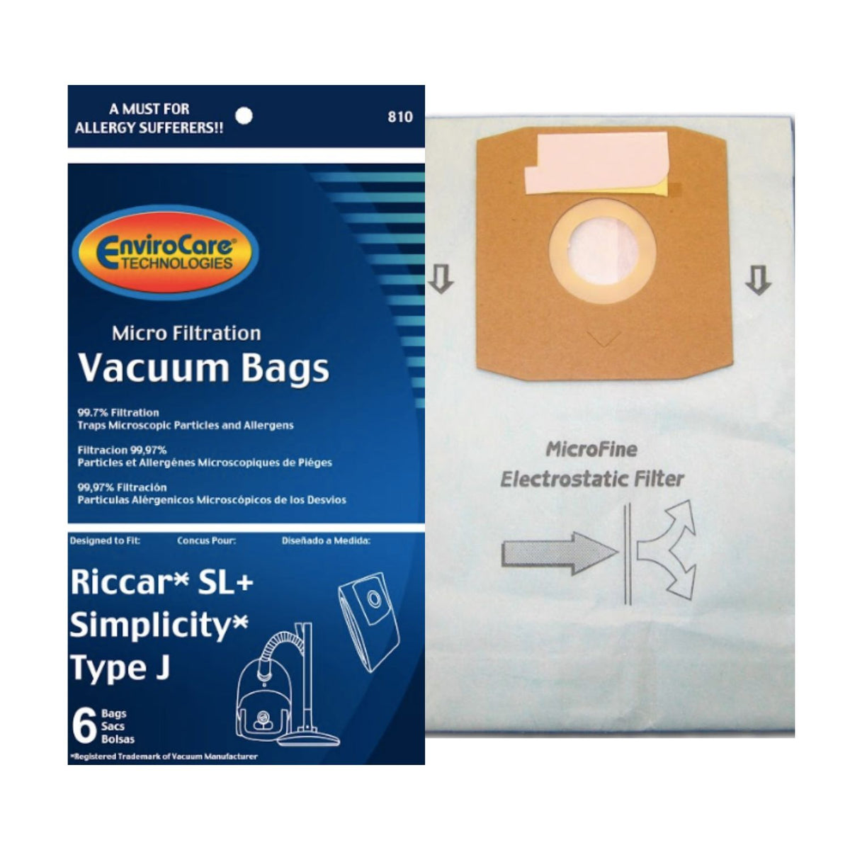 6 Simplicity / Riccar Vacuum Part 810 / Paper Bags Riccar, J, 6PK, by EnviroCare