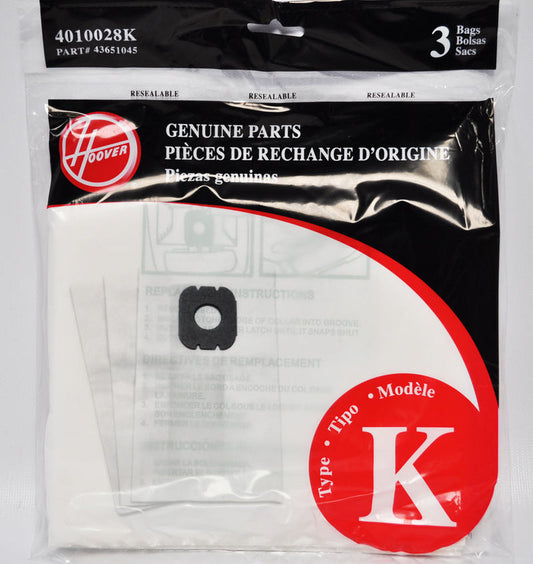3 Hoover Vacuum Part 4010028K Canister / Paper Bags, K, 3PK, Spirit