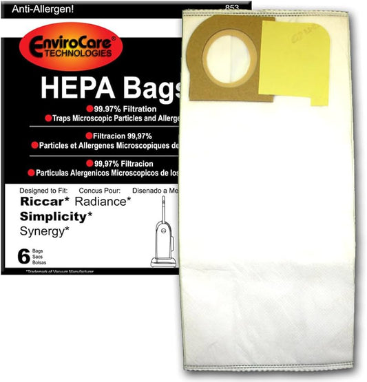 6 Simplicity / Riccar Vacuum Part 853 Upright / Paper Bags Riccar, X, Radiance, Synergy (6PK), Filtrete, Repl by EnviroCare