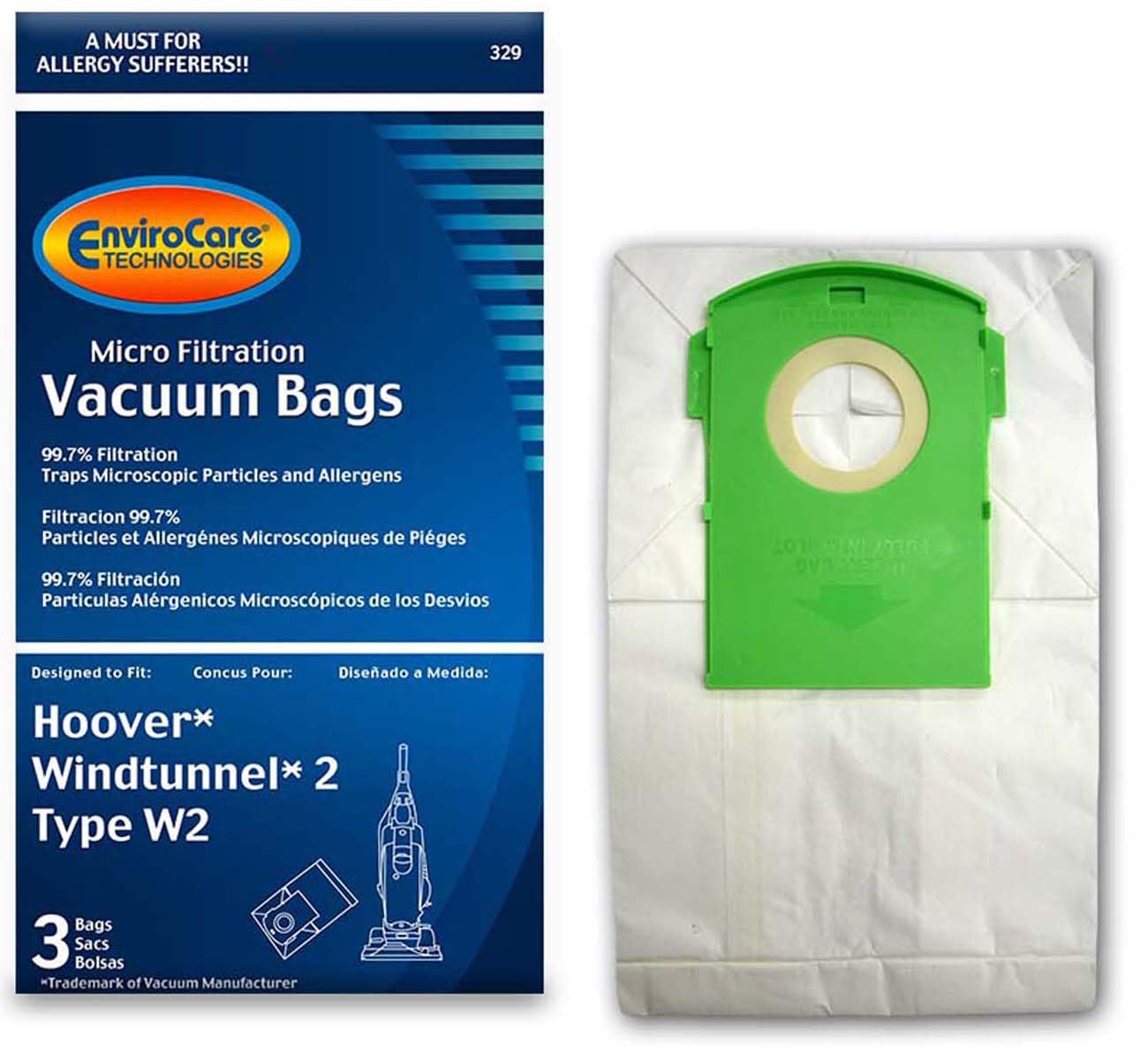 3 Hoover Vacuum Part 329 Upright Micro Allergen Filtration / Paper Bags, W2, 3PK, Micro, Windtunnel 2