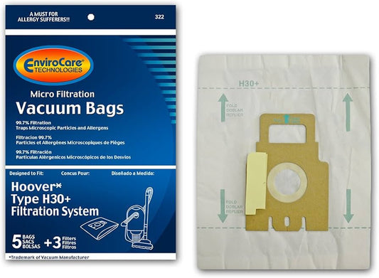 5 Hoover Vacuum Part 322 Canister / Paper Bags, H30 Plus, 5PK, Microcanister, Repl by EnviroCare