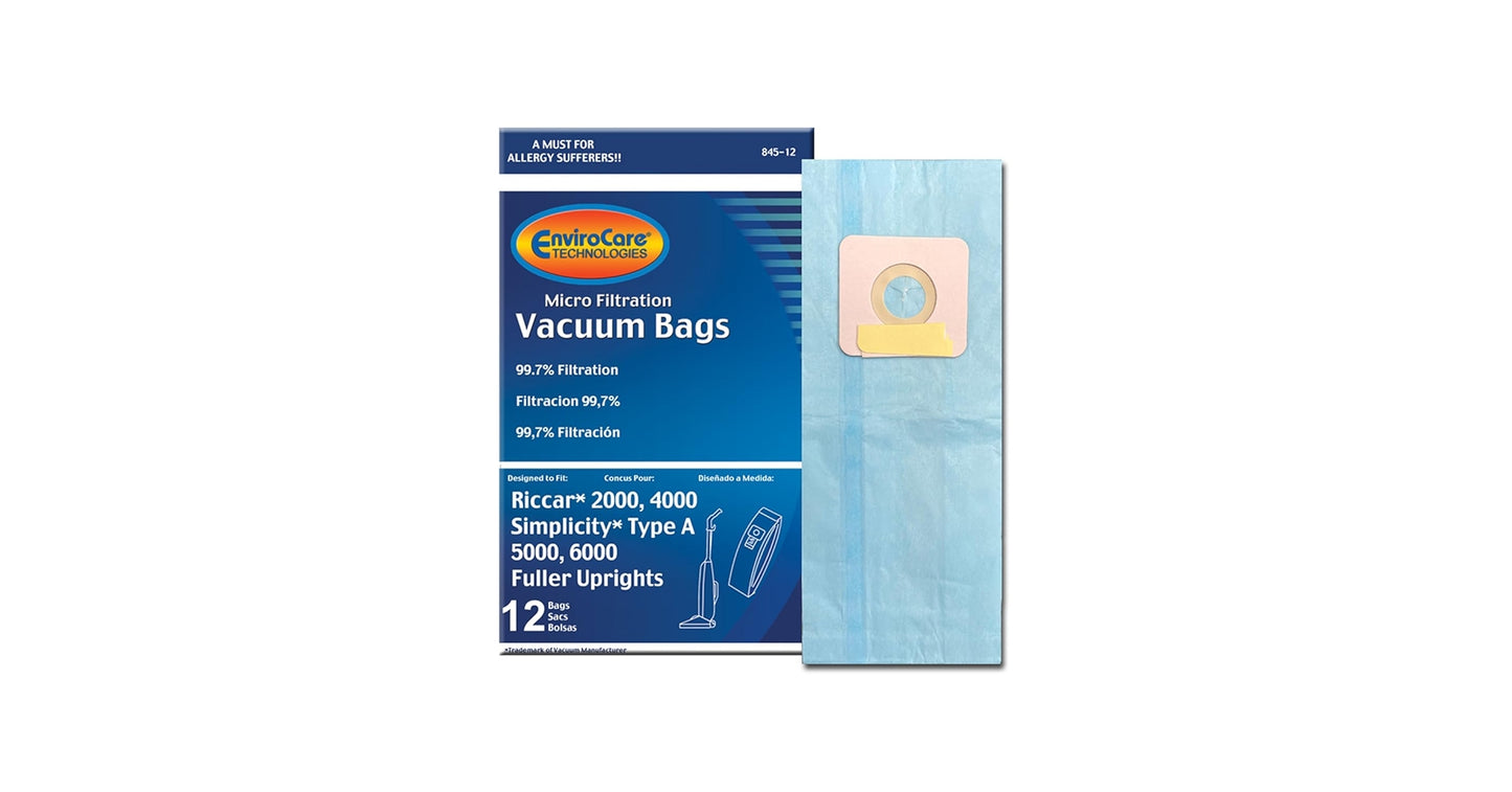 12 Simplicity / Riccar Vacuum Part 845-12 / Paper Bags Riccar, A, 12PK, Microupright, Repl, 2000, 4000, 6000 by EnviroCare