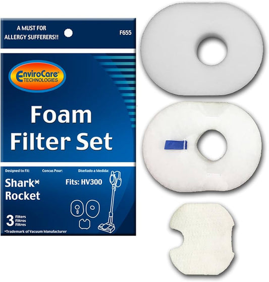 3 Shark Vacuum Filters F655 / Foam, 3PK Rocket Uprightxffv 300, QS301, CS110