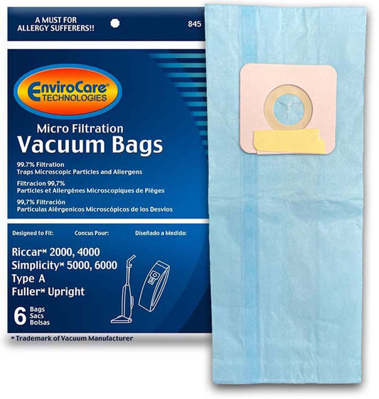 6 Simplicity / Riccar Vacuum Part 845 / Paper Bags Riccar, A, 6PK, Microupright, Repl, 2000, 4000, 6000 by EnviroCare
