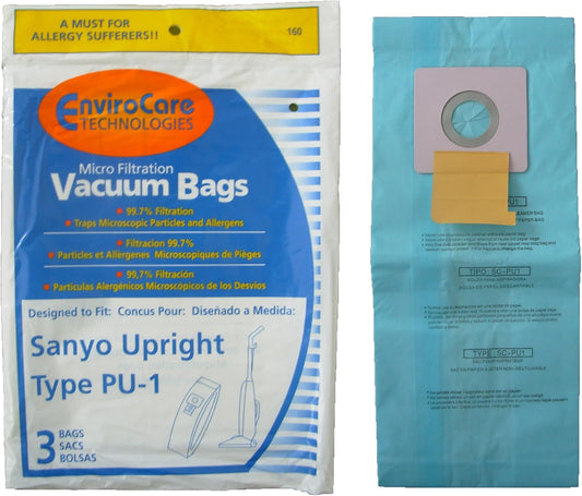 3 Sanyo Vacuum Part 160 Upright Micro Allergen Filtration / Paper Bags, PU-1, Micro, 3PK, Env, Repl