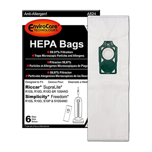 6 Simplicity / Riccar Vacuum Part A824 / Paper Bags Riccar Supralite, Simplicty, 6PK, Allergengreen Plastic Collar, L Bags