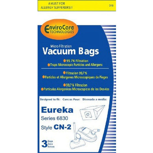 3 Eureka, Sanitaire Vacuum Part 316 Canister Micro Allergen Filtration / Paper Bags, CN-2, 3PK, Micro, Repl by EnviroCare