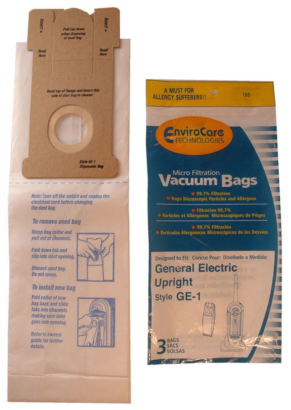 3 Ge / Wal-Mart Vacuum Part 155 Upright Micro Allergen Filtration / Paper Bags -1, Walmart, 3PK, Micro, Repl by EnviroCare