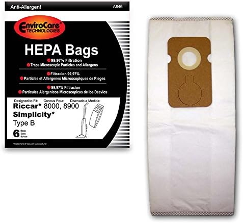 6 Simplicity / Riccar Vacuum Part A846 / Paper Bags Riccar, B, 6PK, Allergen, Upr.Fits 7000, 8000 Series