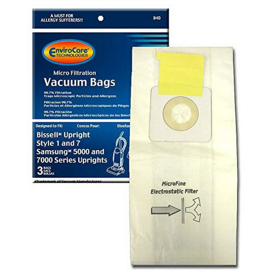 3 Bissell Vacuum Part 840 Micro Allergen Filtration / Paper Bags, Style 7, 3PK, Micro, Replacement by EnviroCare