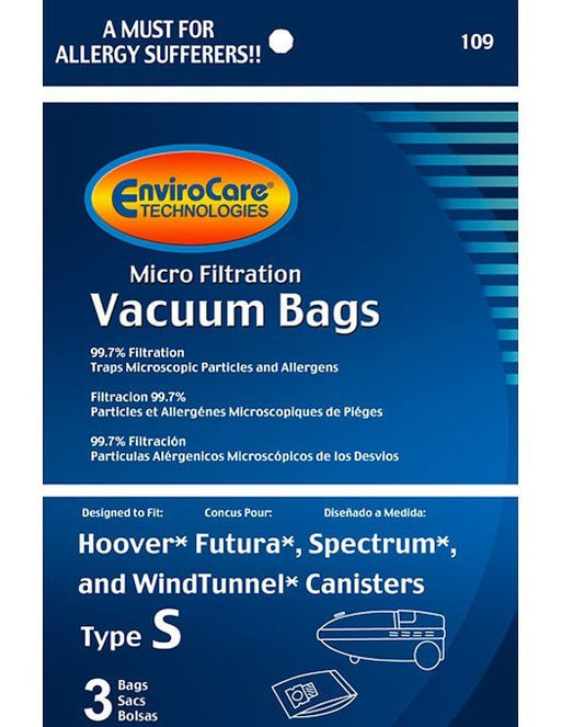 3 Hoover Vacuum Part 109 Canister / Paper Bags, S, 3PK, Microfits Oreck Venture / SK30080, Oreck