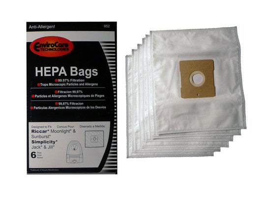 6 Simplicity / Riccar Vacuum Part 852 / Paper Bags Riccar, Z, Moonlight, Jack, Jill6pk, Pizzazz, Snap