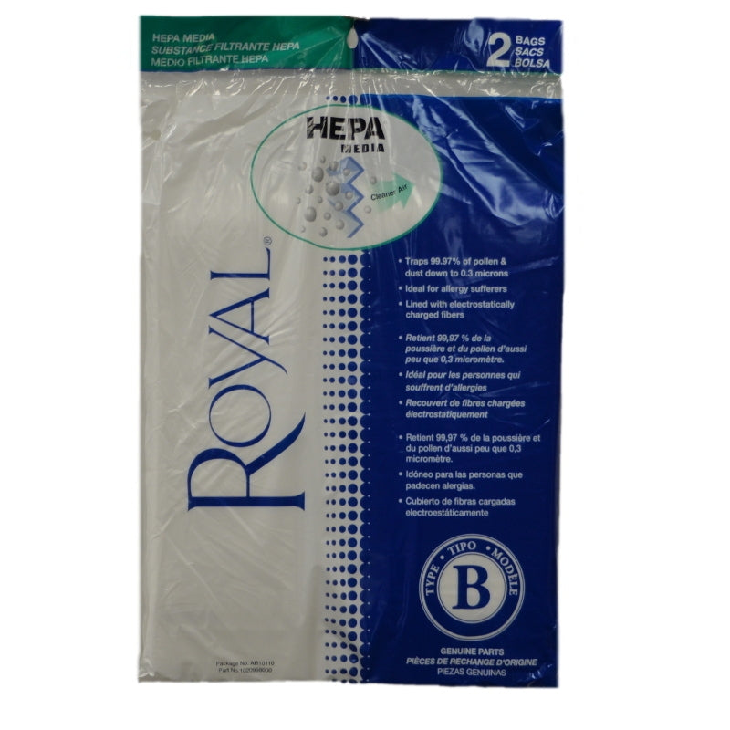 2 Royal Vacuum Part AR10110 Upright HEPA Filtration / Paper Bags B Cloth, 2PK
