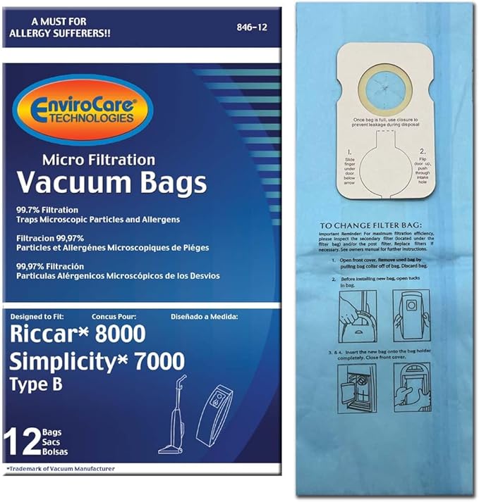 12 Simplicity / Riccar Vacuum Part 846-12 / Paper Bags Riccar, B, 12PK, Microupright, Repl, 7000, 8000 by EnviroCare