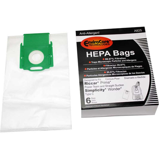 6 Simplicity / Riccar Vacuum Part A825 Canister / Paper Bags Riccar Prima, C, 6PK, Allergenw / Green Plastic Collar