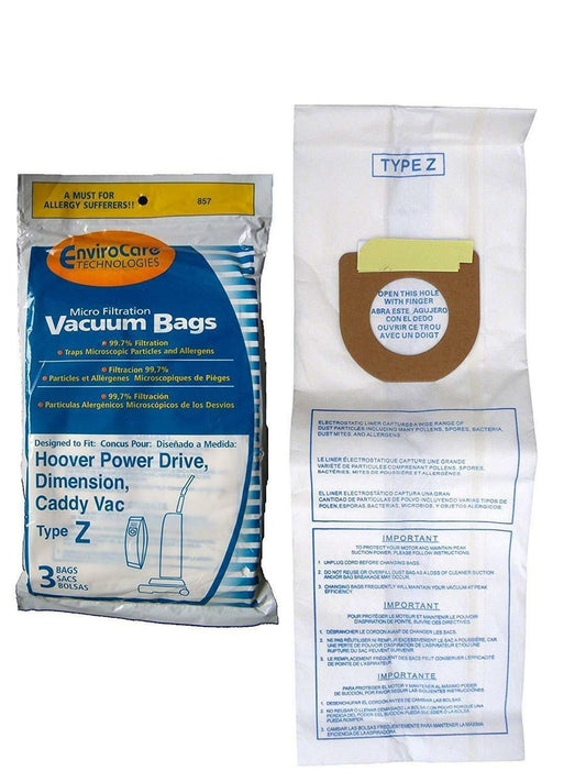 3 Hoover Vacuum Part 857 Upright Micro Allergen Filtration / Paper Bags, Z, 3PK, Micro, Repl by EnviroCare