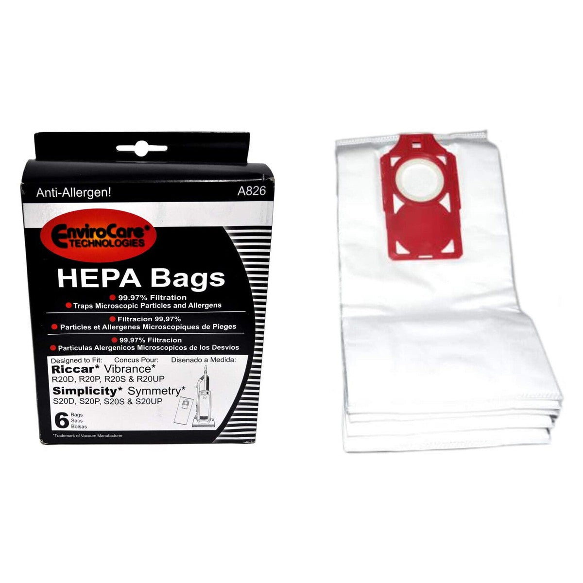 6 Simplicity / Riccar Vacuum Part A826 HEPA Filtration / Paper Bags Riccar Vibrance, Simplicty Symmetry, 6PK W / Red Dock System