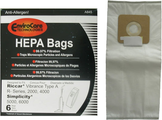6 Simplicity / Riccar Vacuum Part A845 / Paper Bags Riccar, A, 6PK, Allergen, Upr.Fits 2000, 4000, 6000 Series