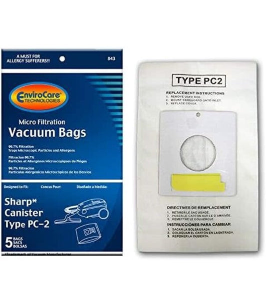 5 Sharp Vacuum Part 843 Canister Micro Allergen Filtration / Paper Bags, PC2, 5PK, Micro, Env, REPLEC6311, EC7311