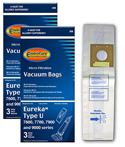 EnviroCare Replacement Micro Filtration Vacuum Cleaner Dust Bags made to fit Eureka Type U Bravo II, Direct Air, World Vac, White Westinghouse Upright Vacuums. 6 Pack