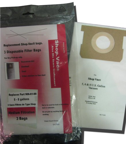 Green Klean Shop-Vac Medium Efficiency 712-05 Replacement Paper Filter Bag, 5 to 8-Gallon