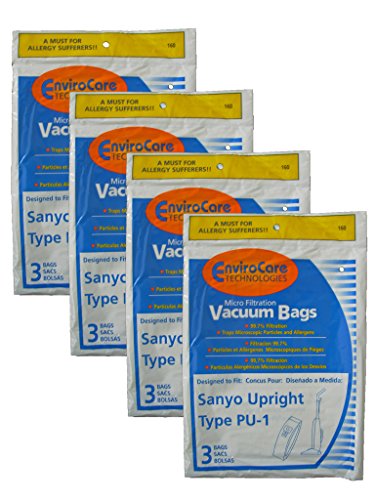 12 Sanyo Upright Pu-1 Vacuum Bags, Panasonic, Kenmore, LG Vacuum Cleaners, SC54A, SCA4, SCA41, SCA42, SCA4A, VU5545-65