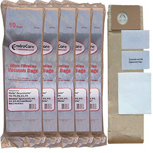 EnviroCare Replacement Micro Filtration Vacuum Cleaner Dust Bags made to fit Advance Spectrum, Clarke, CarpetMaster, Nilfisk Vacuums. 50 Bags + Exhaust & Pre Filters Filter