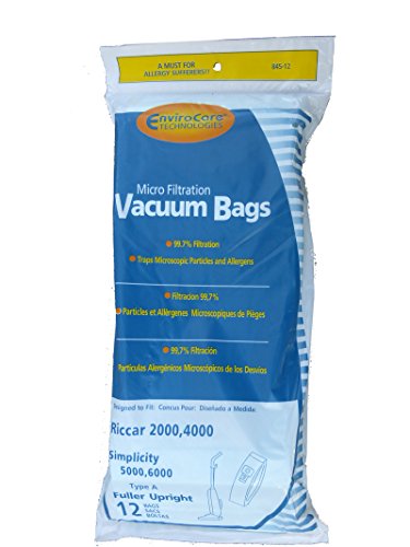 Envirocare Replacement Micro Filtration Vacuum Cleaner Bags made to fit Riccar 2000, 4000 and Vibrance Series. Simplicity 5000, 6000 and Symmetry Type A 12 pack