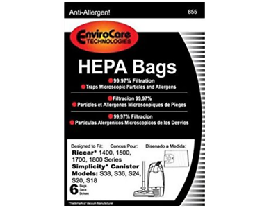 Riccar & Simplicity Canister Anti-Allergen Type H Hepa Bags 6Pk Part 855