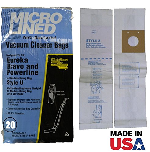 MICRO-LINED Eureka Style U Allergen Vacuum Bags for Bravo Uprights, 16 Bags.